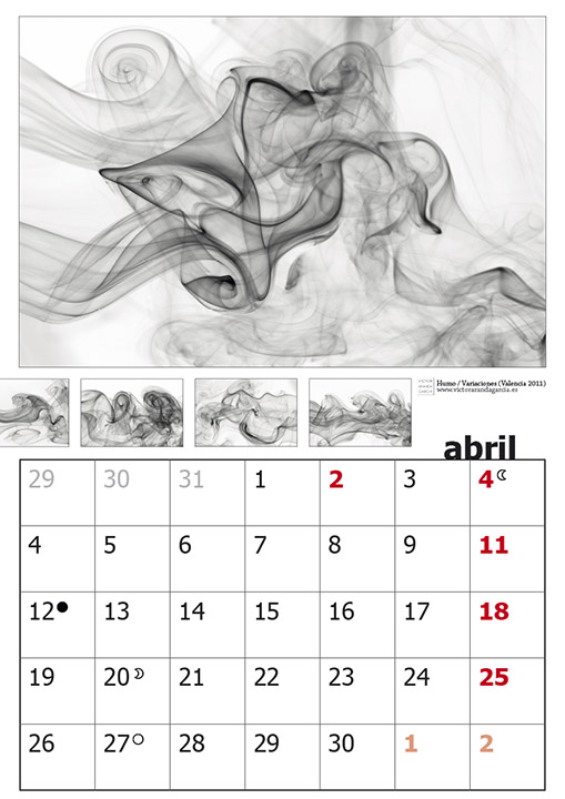 Diseño de una página del calendario 2021 con fotografías artísticas de humo