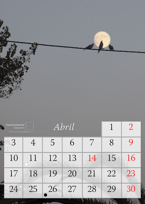 La imagen muestra una página del calendario con una fotografía de la luna de fondo