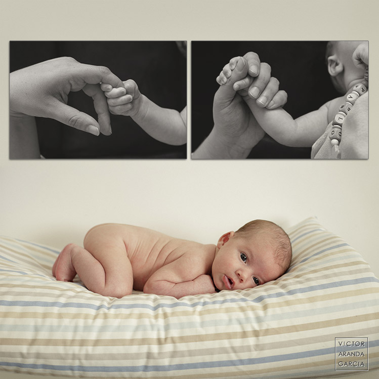 Composición de tres fotografías de una sesión de fotos con un recién nacido